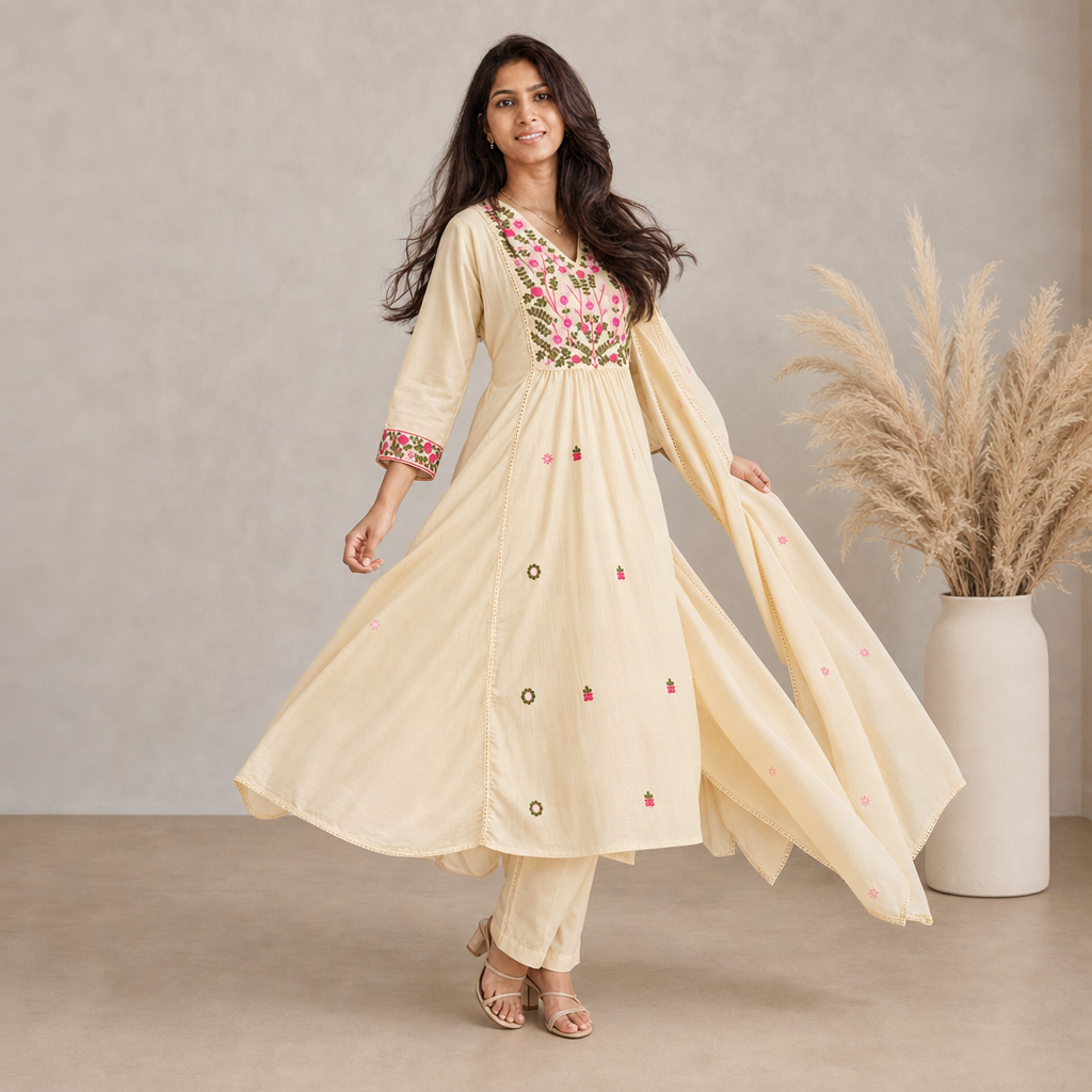 AVEEHA Women's Cotton Embroidered Kurta Pant Set with Dupatta, White — product gallery image 2