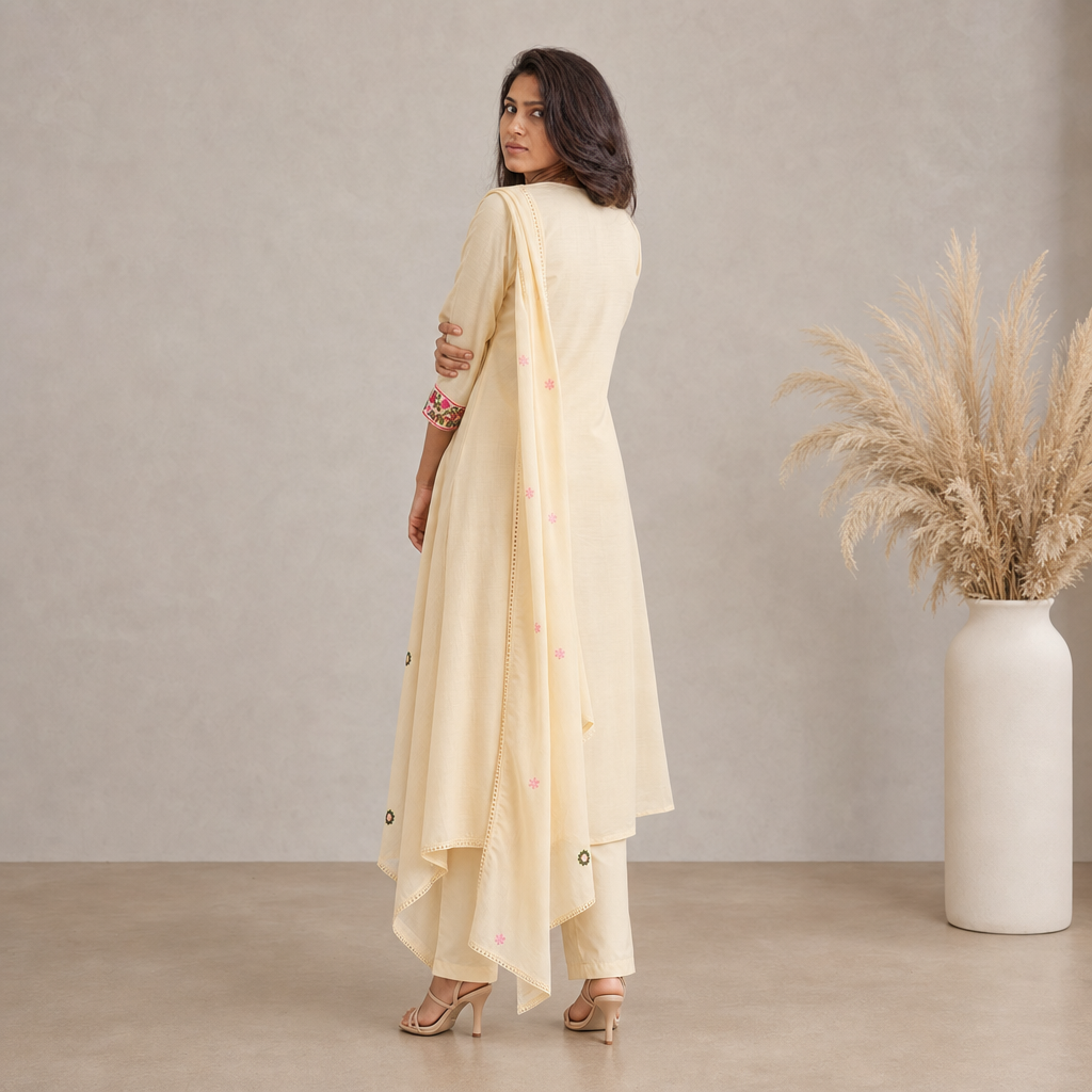 AVEEHA Women's Cotton Embroidered Kurta Pant Set with Dupatta, White — product gallery image 3