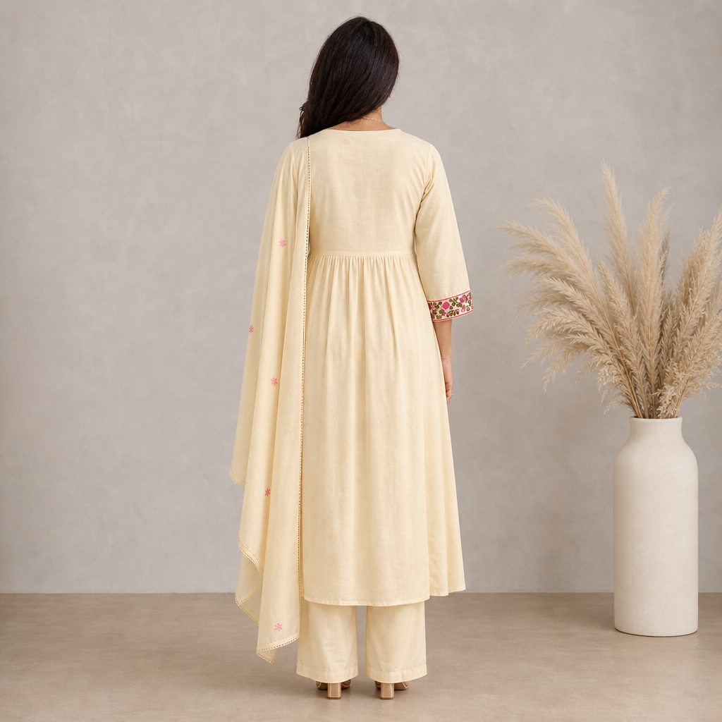 AVEEHA Women's Cotton Embroidered Kurta Pant Set with Dupatta, White — product gallery image 4