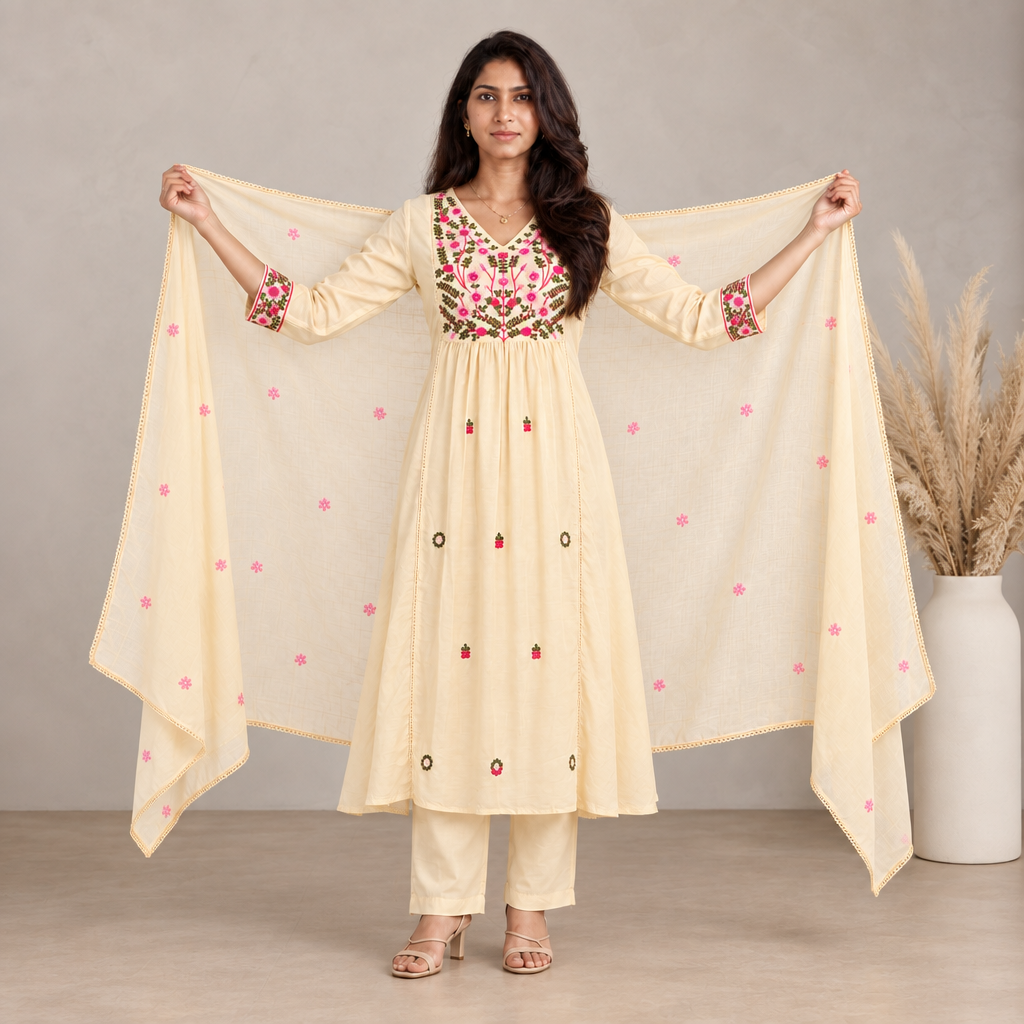 AVEEHA Women's Cotton Embroidered Kurta Pant Set with Dupatta, White — product gallery image 5