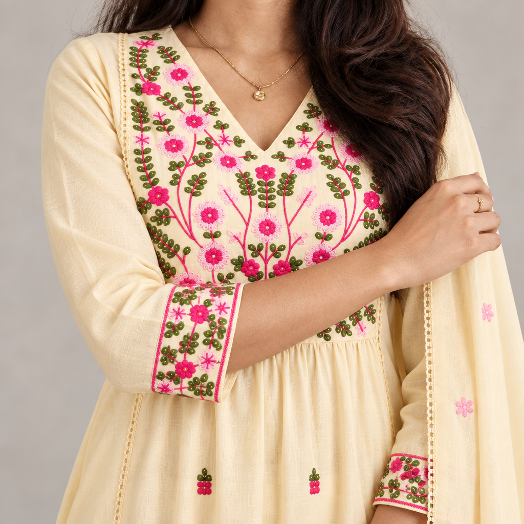 AVEEHA Women's Cotton Embroidered Kurta Pant Set with Dupatta, White — product gallery image 7