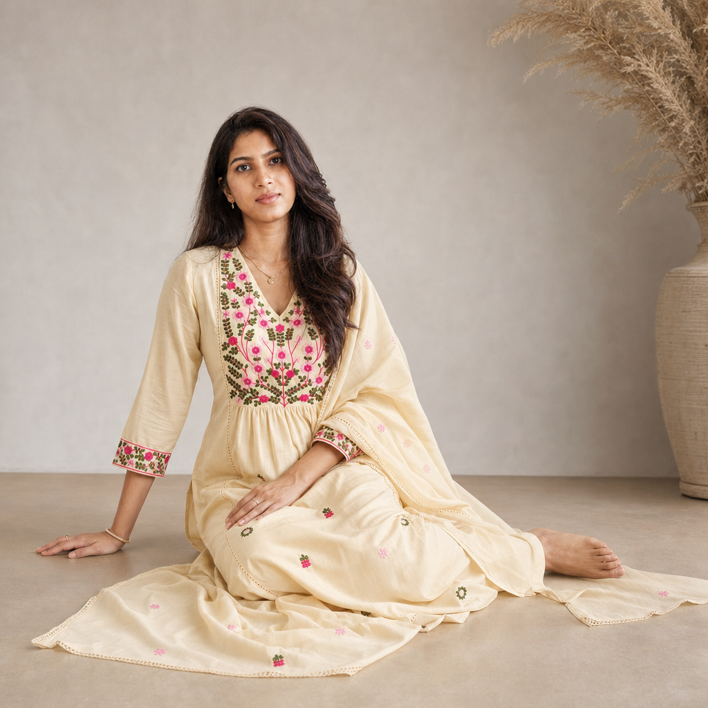 AVEEHA Women's Cotton Embroidered Kurta Pant Set with Dupatta, White — product gallery image 8