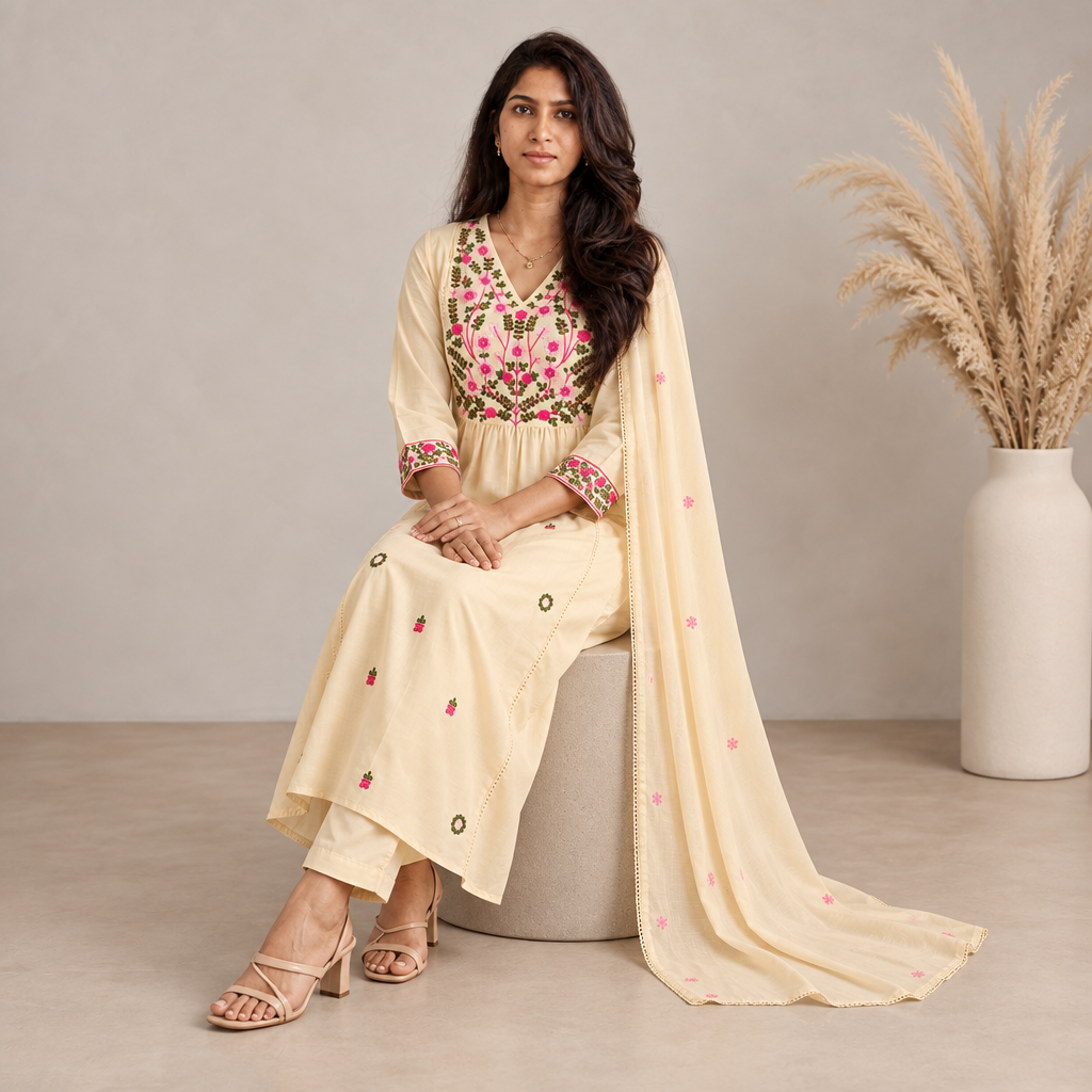 AVEEHA Women's Cotton Embroidered Kurta Pant Set with Dupatta, White — product gallery image 9