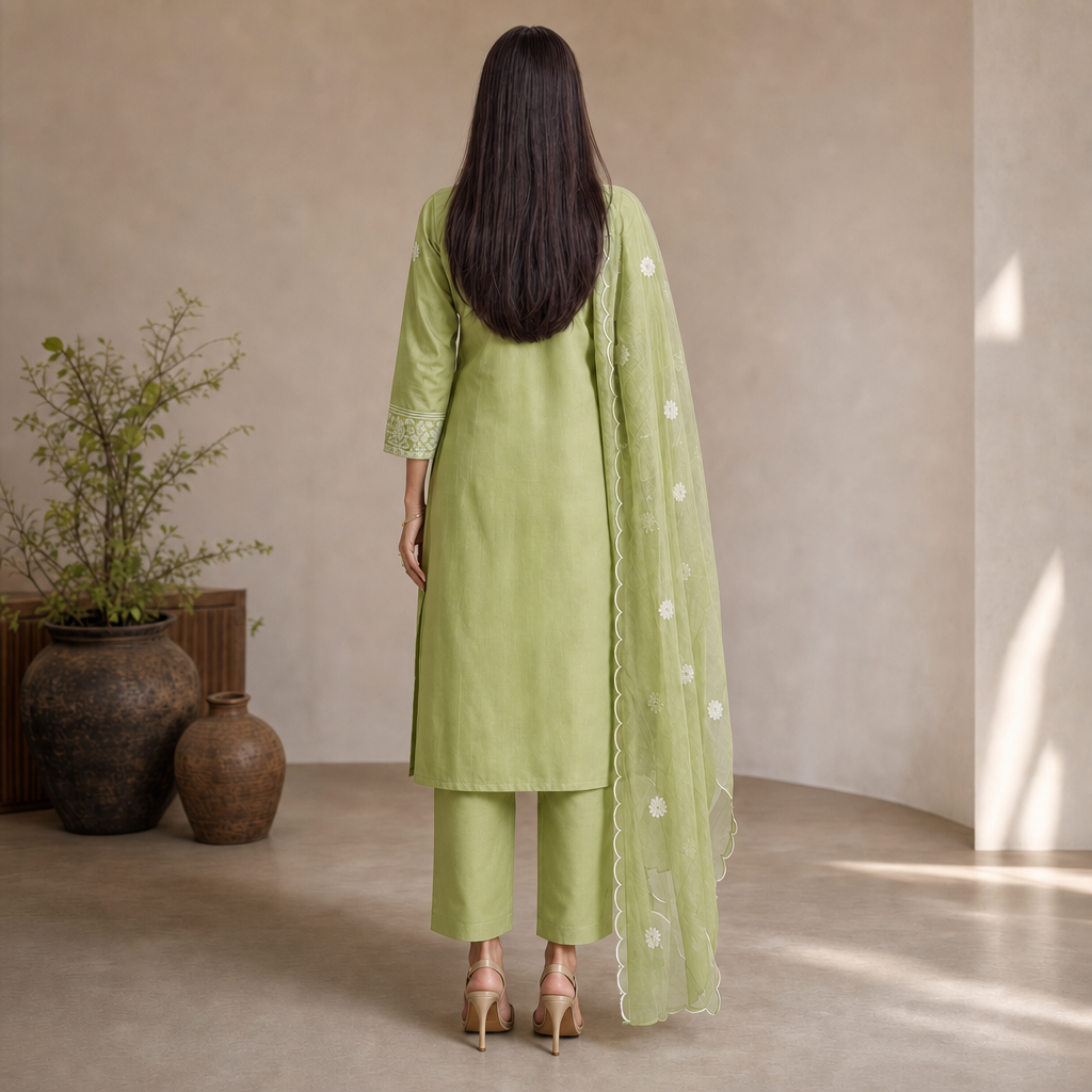 AVEEHA Women's Cotton Blend Kurta Pant Set with Organza Dupatta — product gallery image 2
