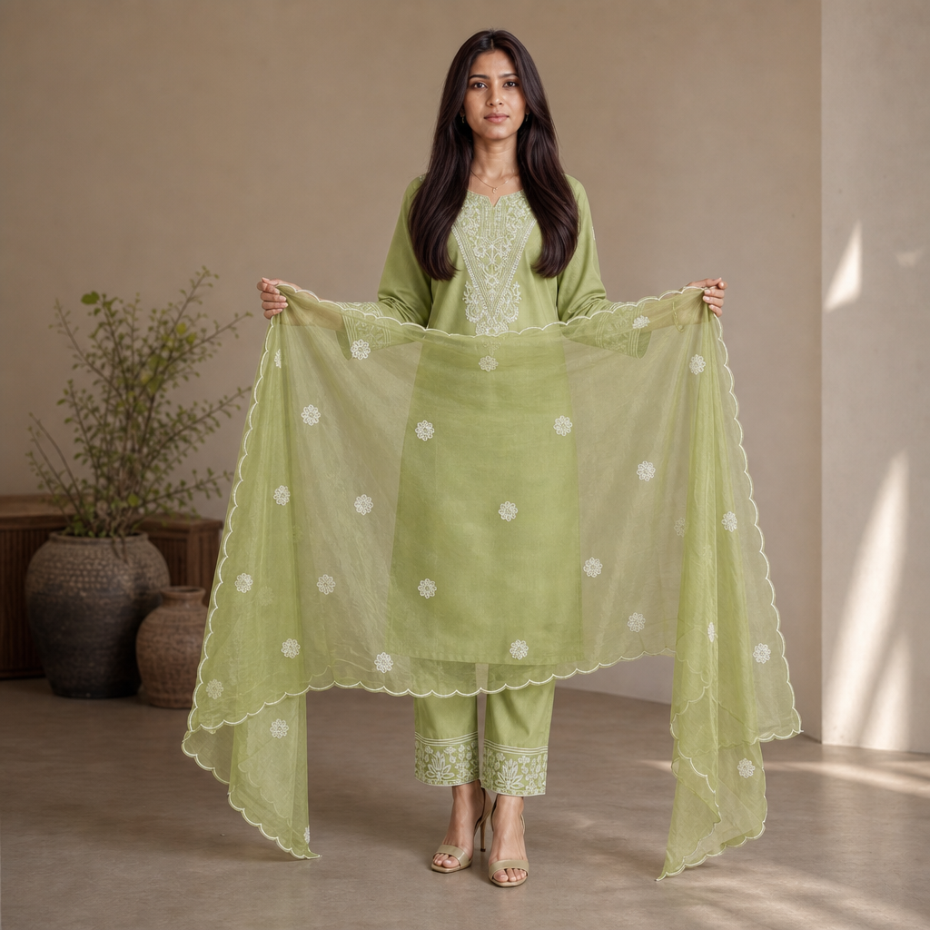AVEEHA Women's Cotton Blend Kurta Pant Set with Organza Dupatta — product gallery image 3