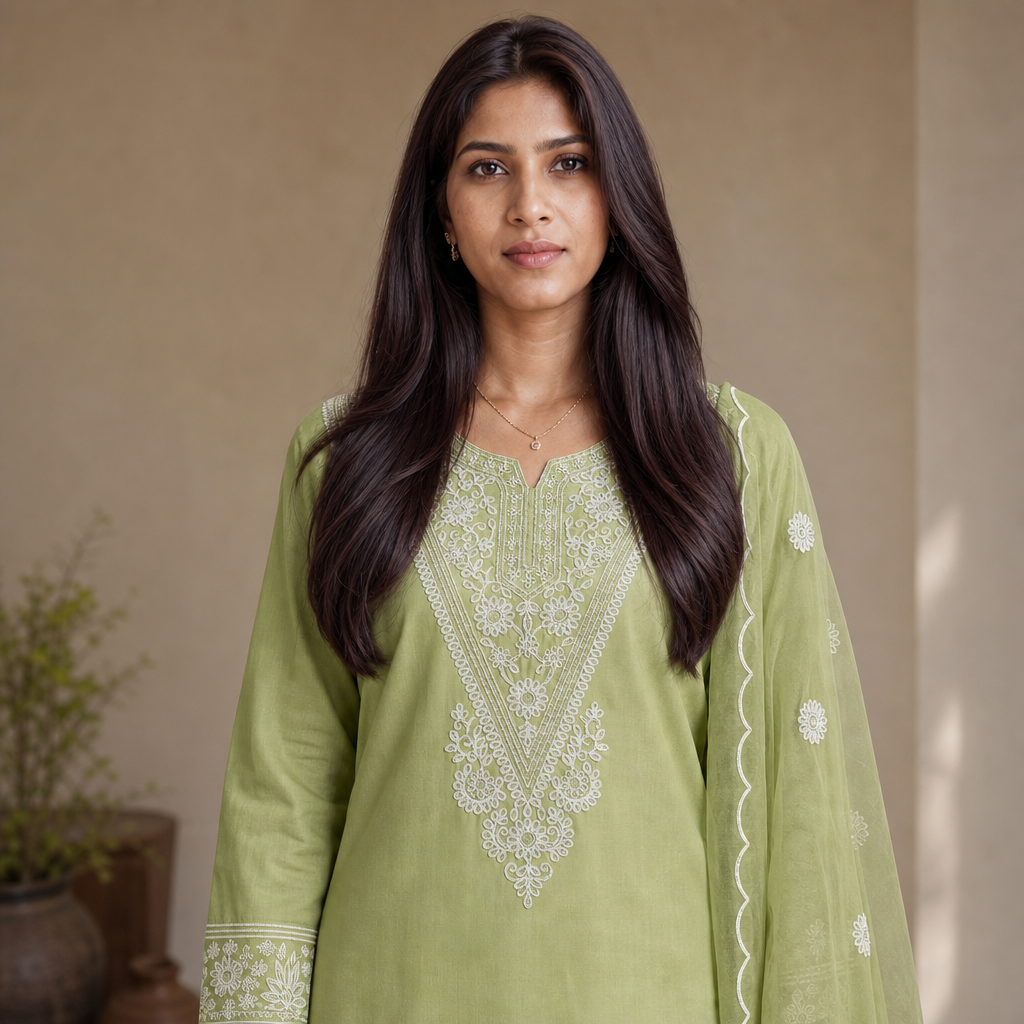 AVEEHA Women's Cotton Blend Kurta Pant Set with Organza Dupatta — product gallery image 4