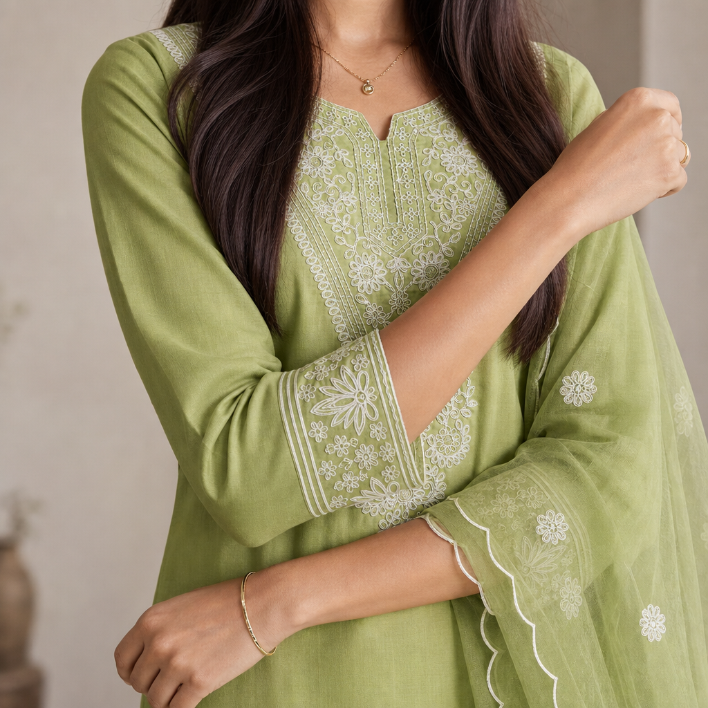 AVEEHA Women's Cotton Blend Kurta Pant Set with Organza Dupatta — product gallery image 5