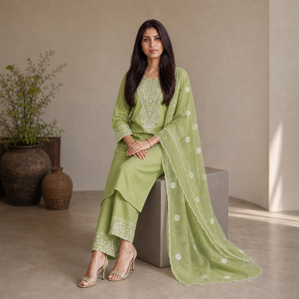 AVEEHA Women's Cotton Blend Kurta Pant Set with Organza Dupatta — product gallery image 6