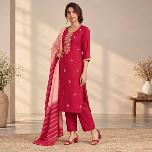 AVEEHA Women's Chinnon Bead Work Kurta Pant Set with Dupatta, Red — product gallery image 2