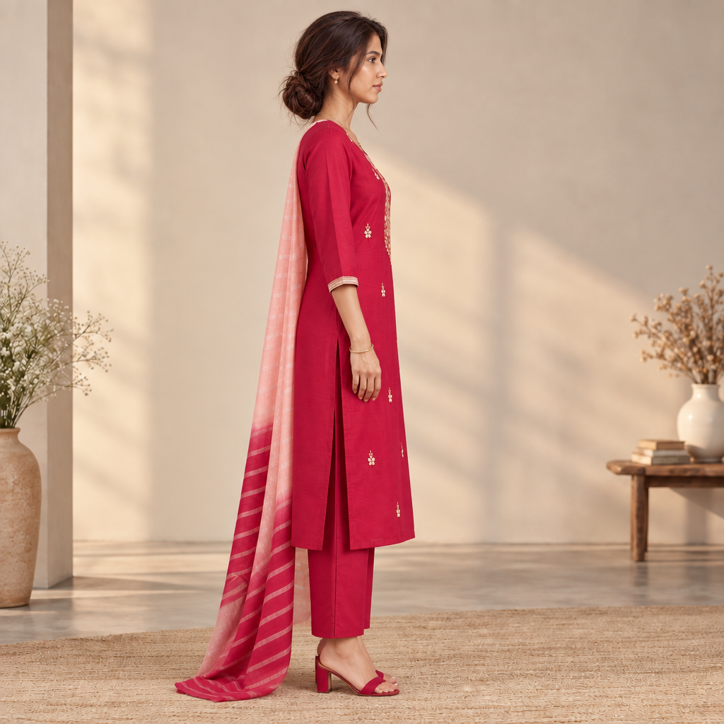 AVEEHA Women's Chinnon Bead Work Kurta Pant Set with Dupatta, Red — product gallery image 3