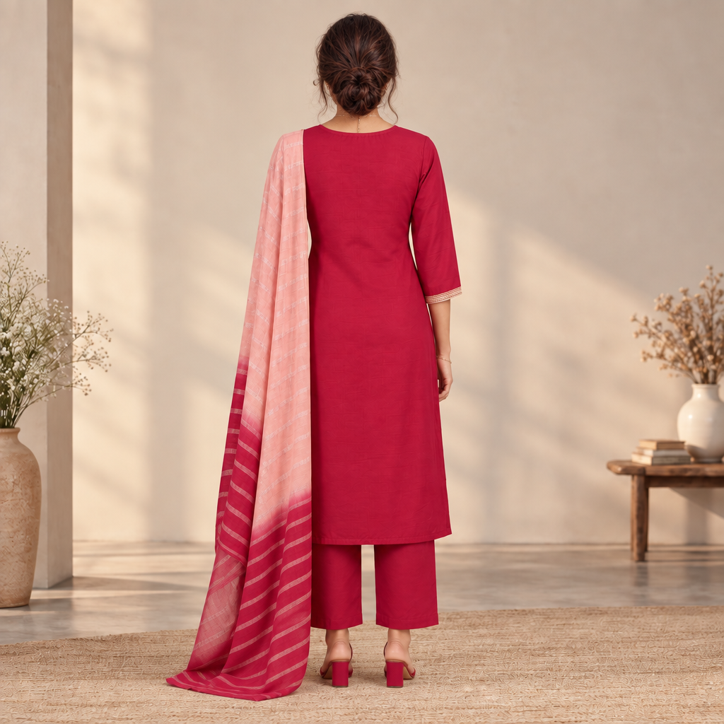 AVEEHA Women's Chinnon Bead Work Kurta Pant Set with Dupatta, Red — product gallery image 4