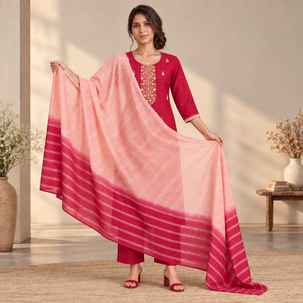 AVEEHA Women's Chinnon Bead Work Kurta Pant Set with Dupatta, Red — product gallery image 5