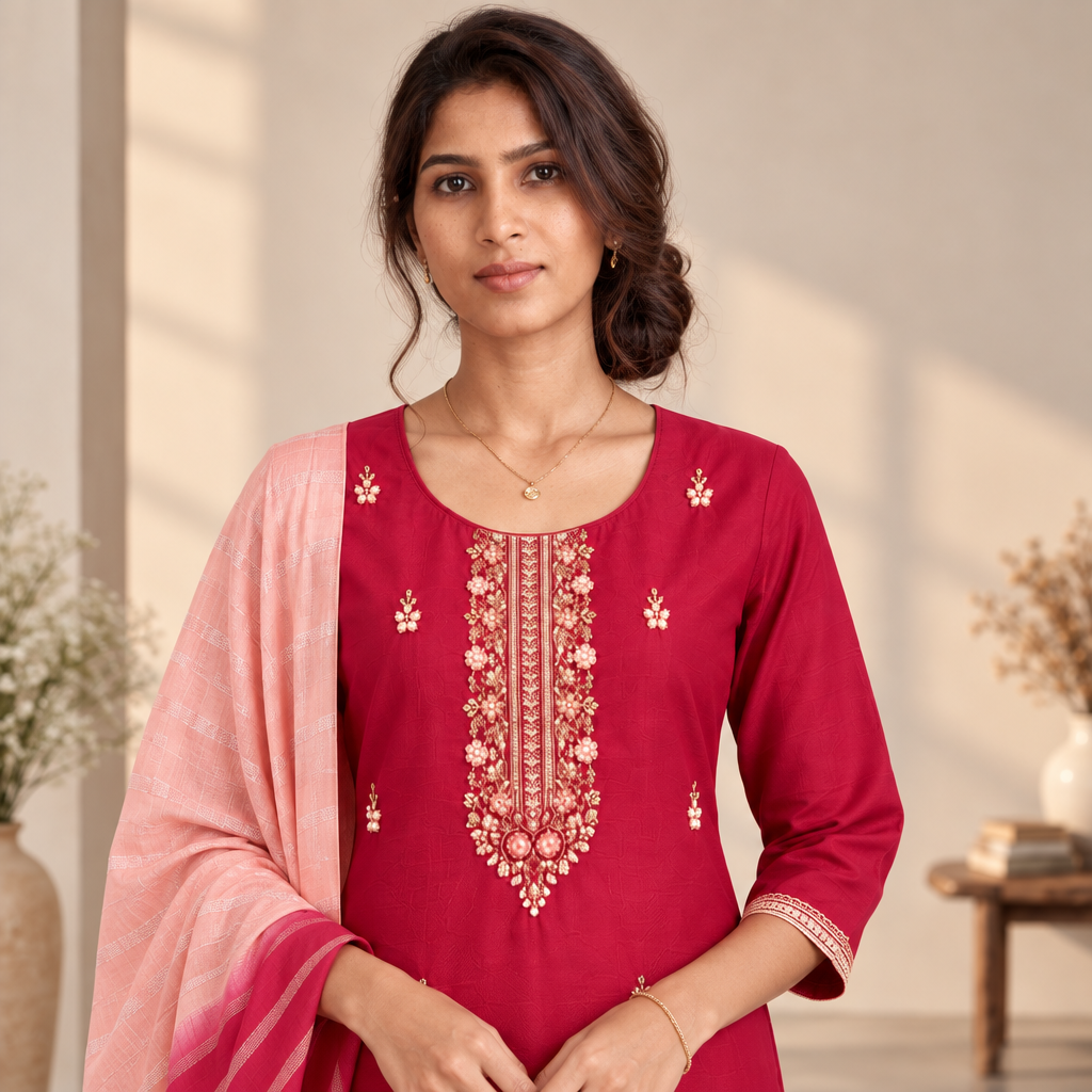 AVEEHA Women's Chinnon Bead Work Kurta Pant Set with Dupatta, Red — product gallery image 6