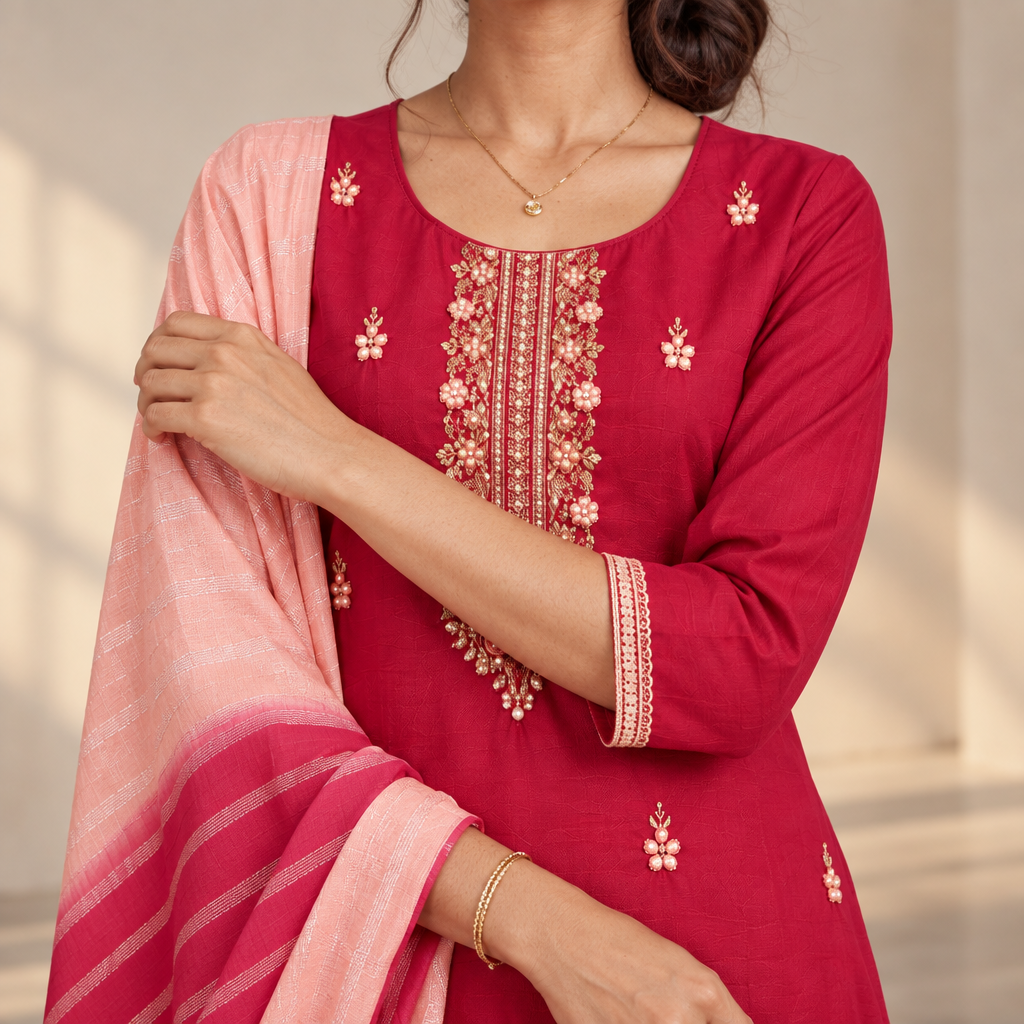 AVEEHA Women's Chinnon Bead Work Kurta Pant Set with Dupatta, Red — product gallery image 7