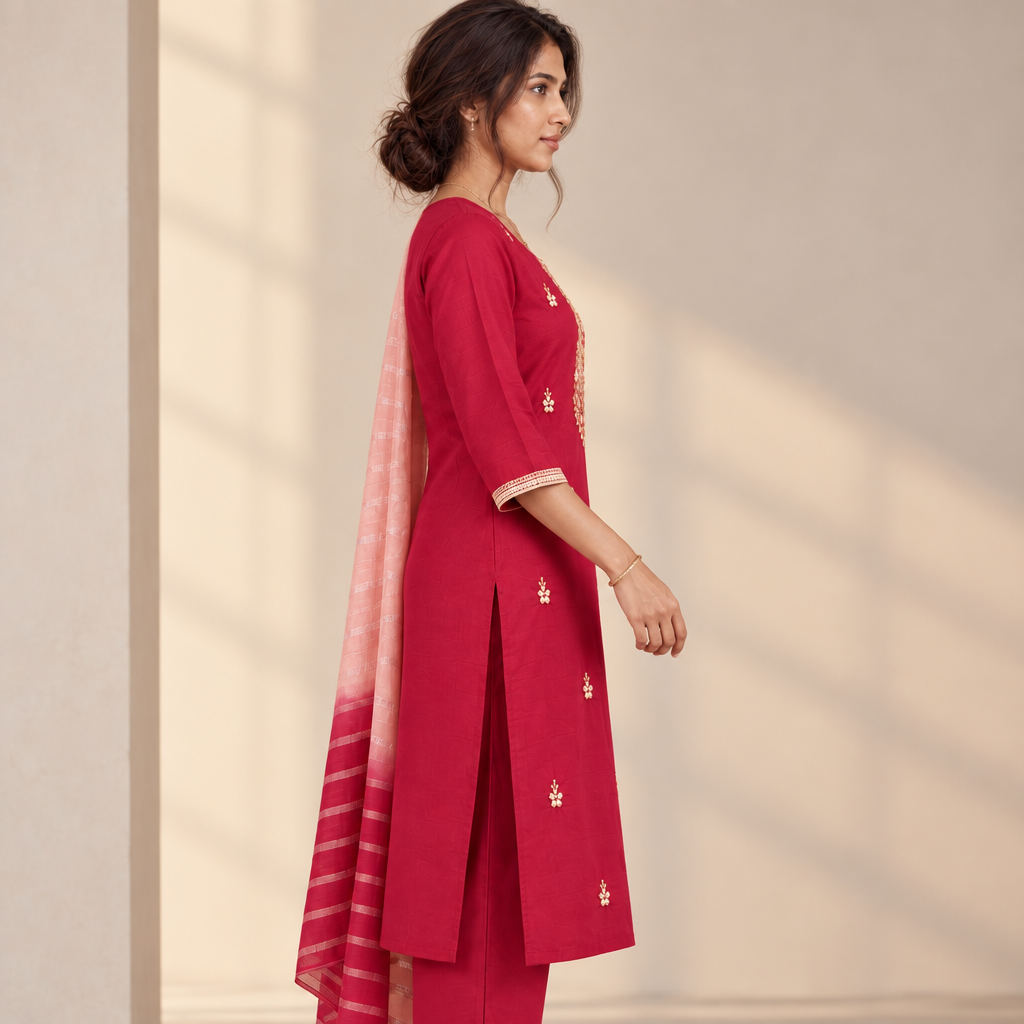 AVEEHA Women's Chinnon Bead Work Kurta Pant Set with Dupatta, Red — product gallery image 8