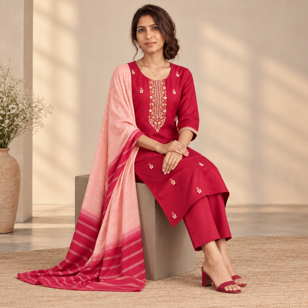 AVEEHA Women's Chinnon Bead Work Kurta Pant Set with Dupatta, Red — product gallery image 9
