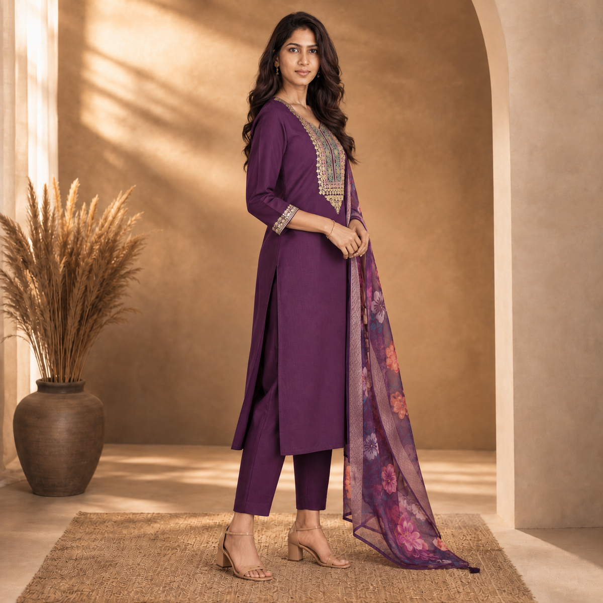AVEEHA Women's Cotton Blend Embroidered Kurta Set with Dupatta, Wine — product gallery image 2
