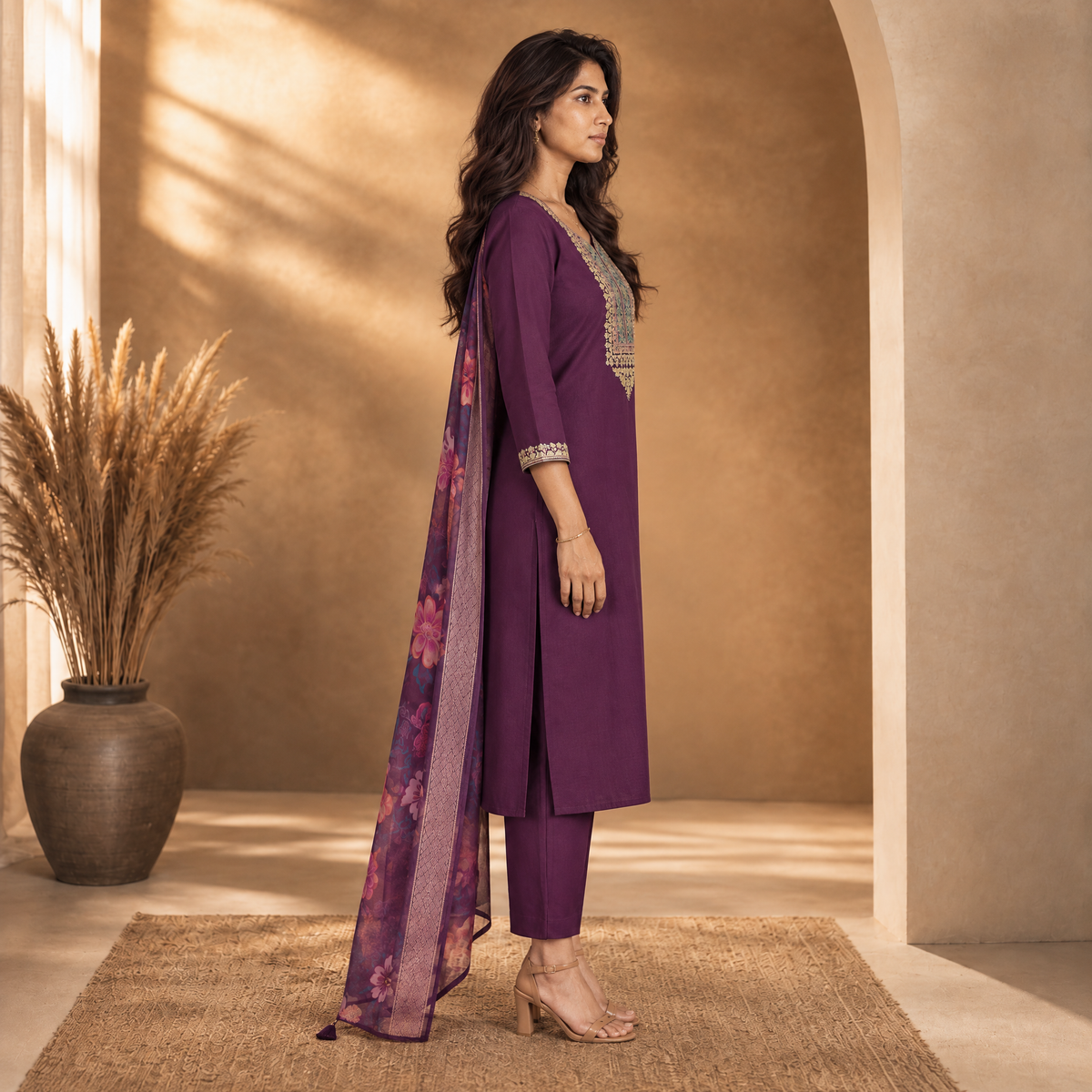 AVEEHA Women's Cotton Blend Embroidered Kurta Set with Dupatta, Wine — product gallery image 3