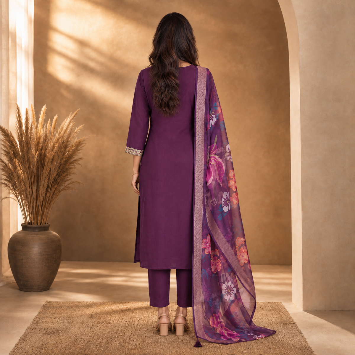 AVEEHA Women's Cotton Blend Embroidered Kurta Set with Dupatta, Wine — product gallery image 4