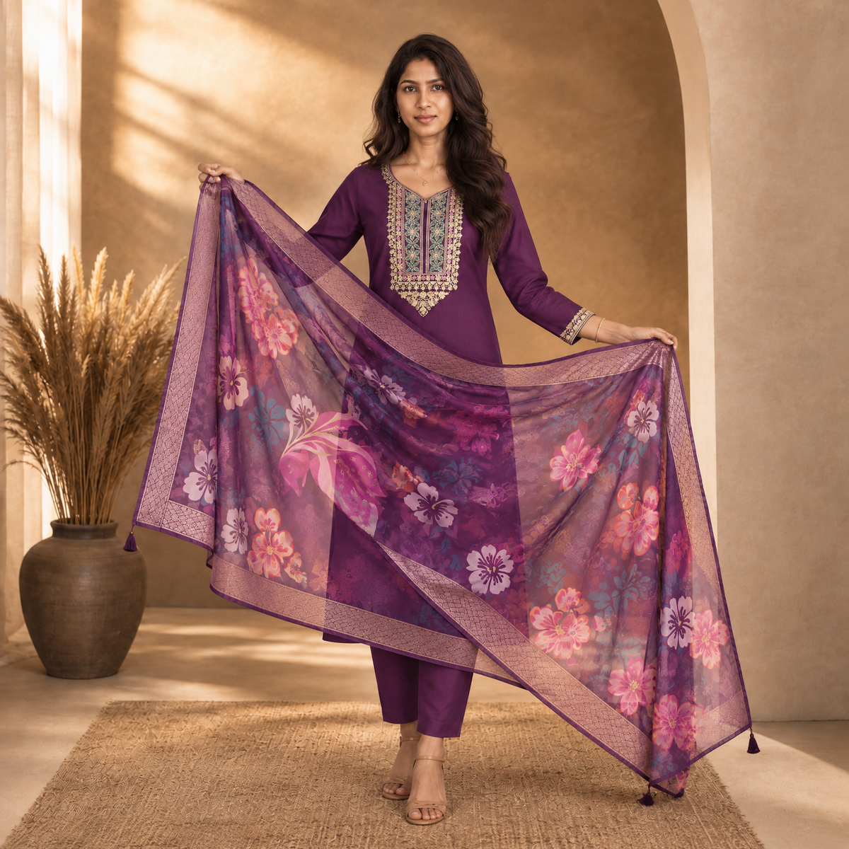 AVEEHA Women's Cotton Blend Embroidered Kurta Set with Dupatta, Wine — product gallery image 5