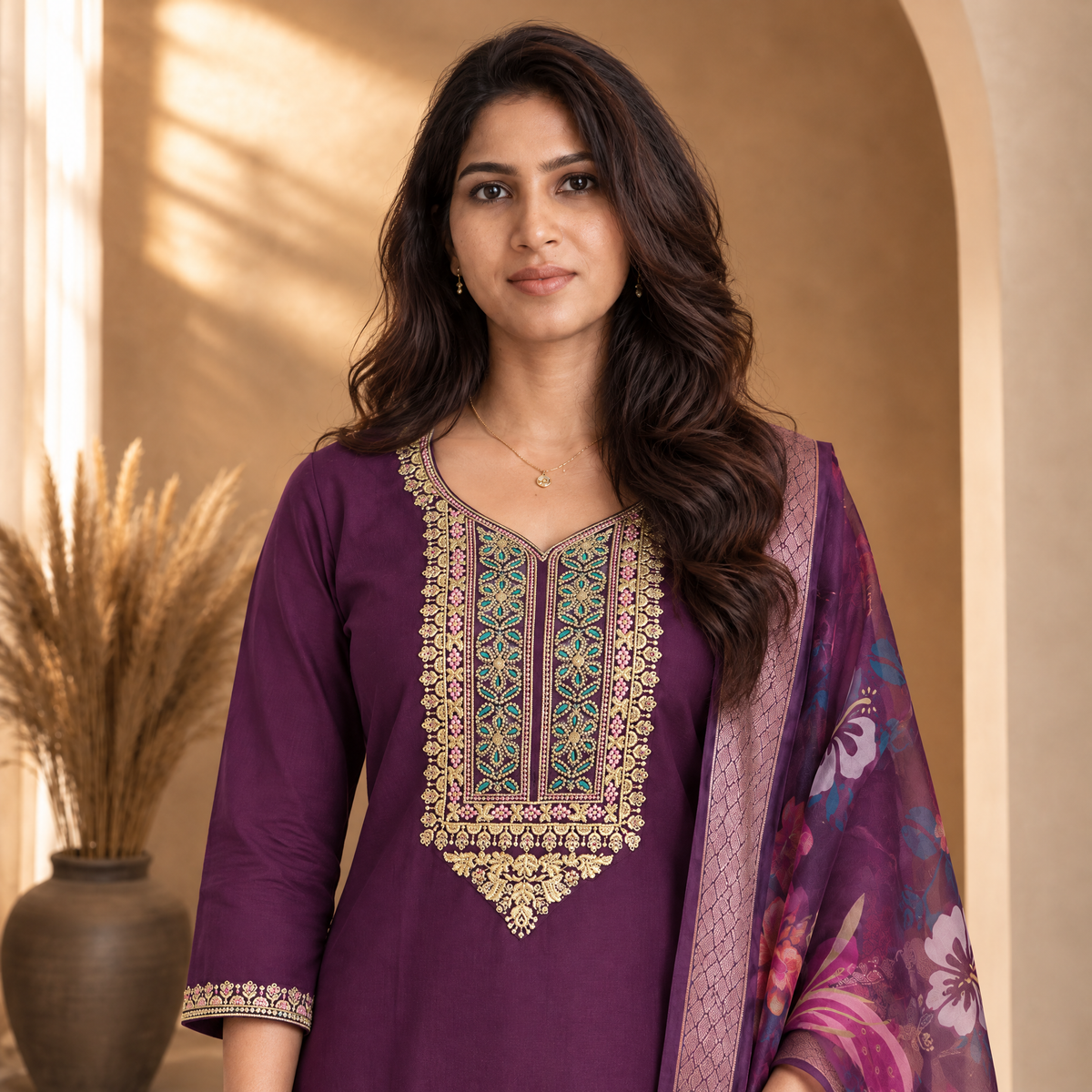 AVEEHA Women's Cotton Blend Embroidered Kurta Set with Dupatta, Wine — product gallery image 6