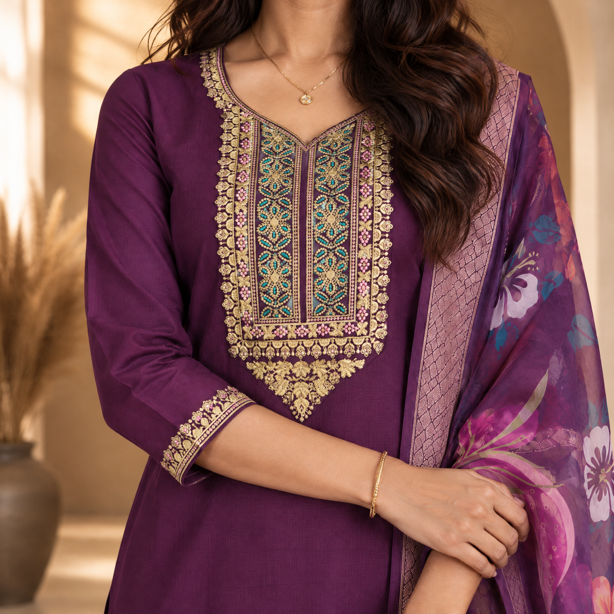 AVEEHA Women's Cotton Blend Embroidered Kurta Set with Dupatta, Wine — product gallery image 7
