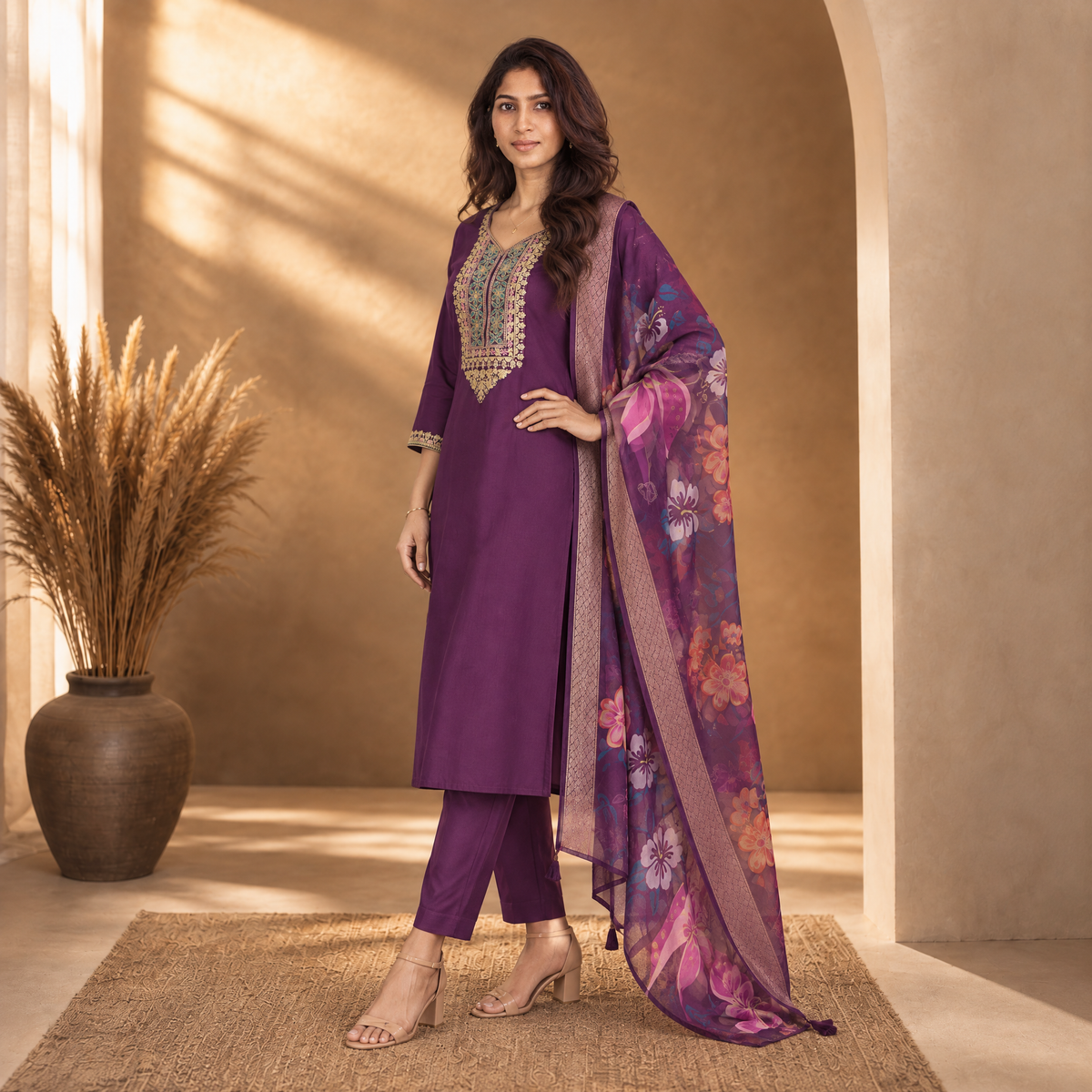 AVEEHA Women's Cotton Blend Embroidered Kurta Set with Dupatta, Wine — product gallery image 8