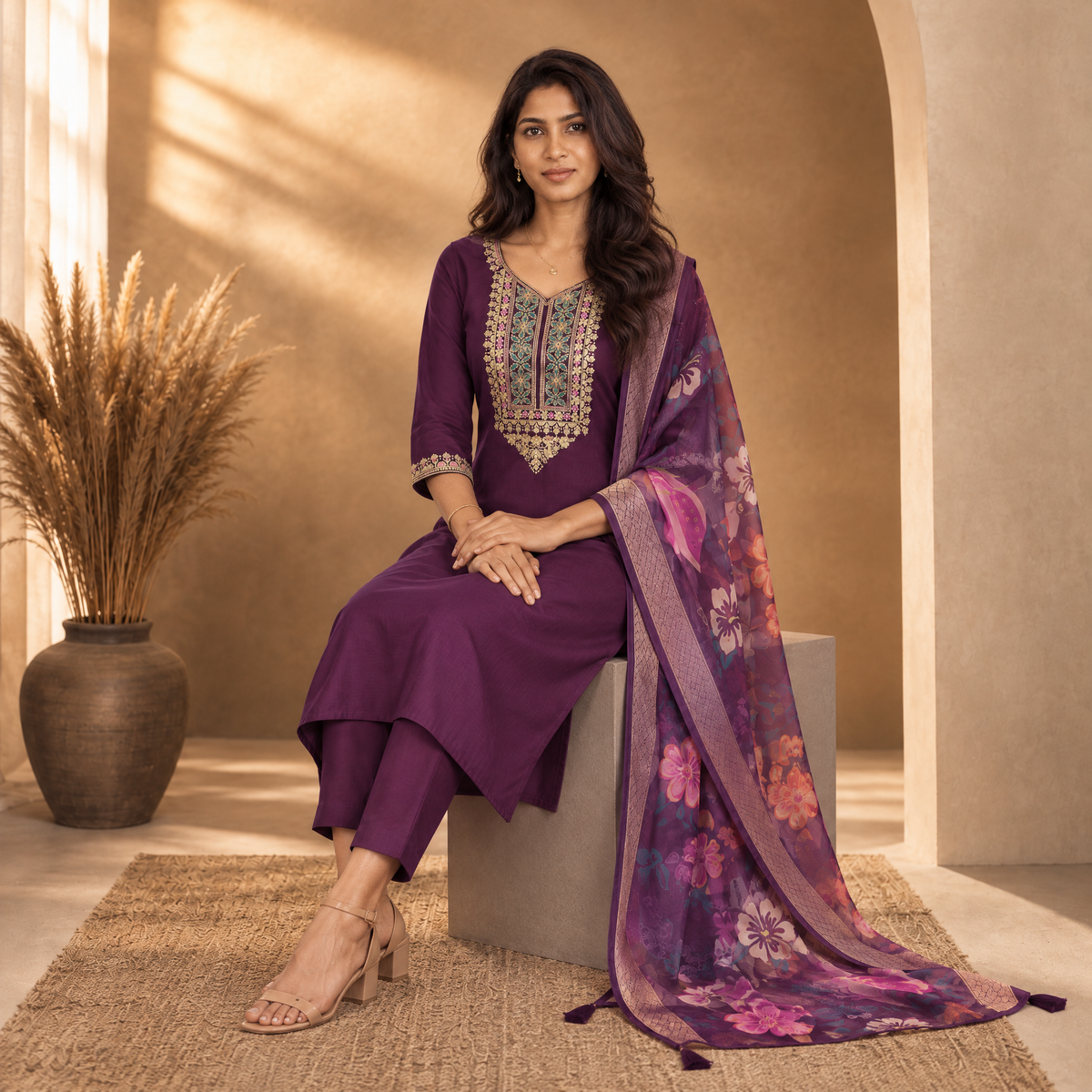 AVEEHA Women's Cotton Blend Embroidered Kurta Set with Dupatta, Wine — product gallery image 9