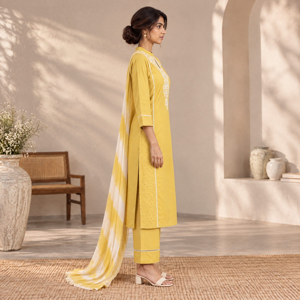AVEEHA Women's Cotton Schiffli Kurta Pant Set with Dupatta, Yellow — product gallery image 2