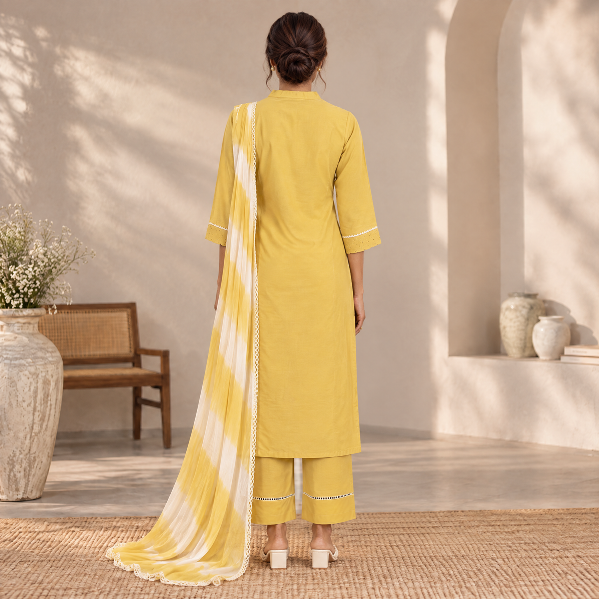 AVEEHA Women's Cotton Schiffli Kurta Pant Set with Dupatta, Yellow — product gallery image 3