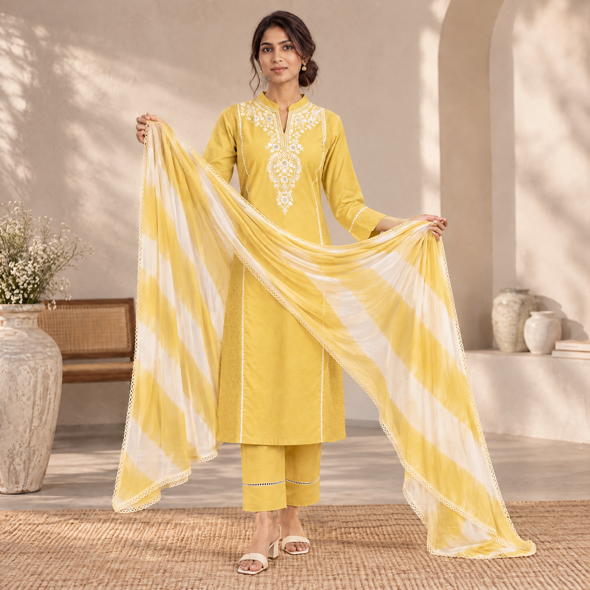 AVEEHA Women's Cotton Schiffli Kurta Pant Set with Dupatta, Yellow — product gallery image 4