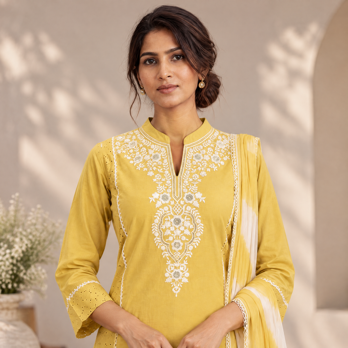 AVEEHA Women's Cotton Schiffli Kurta Pant Set with Dupatta, Yellow — product gallery image 5