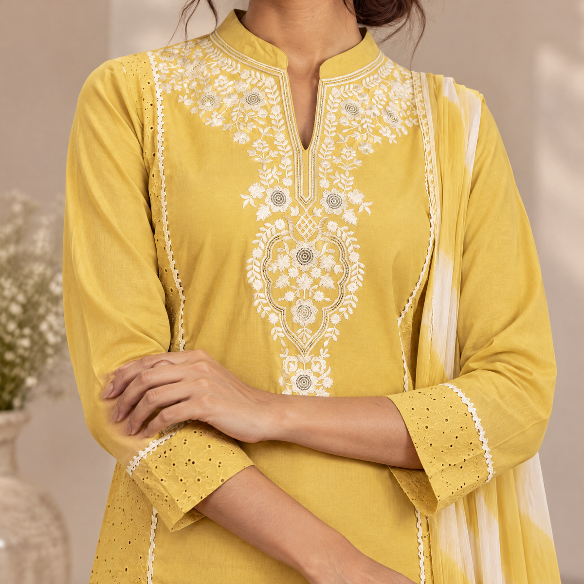 AVEEHA Women's Cotton Schiffli Kurta Pant Set with Dupatta, Yellow — product gallery image 6