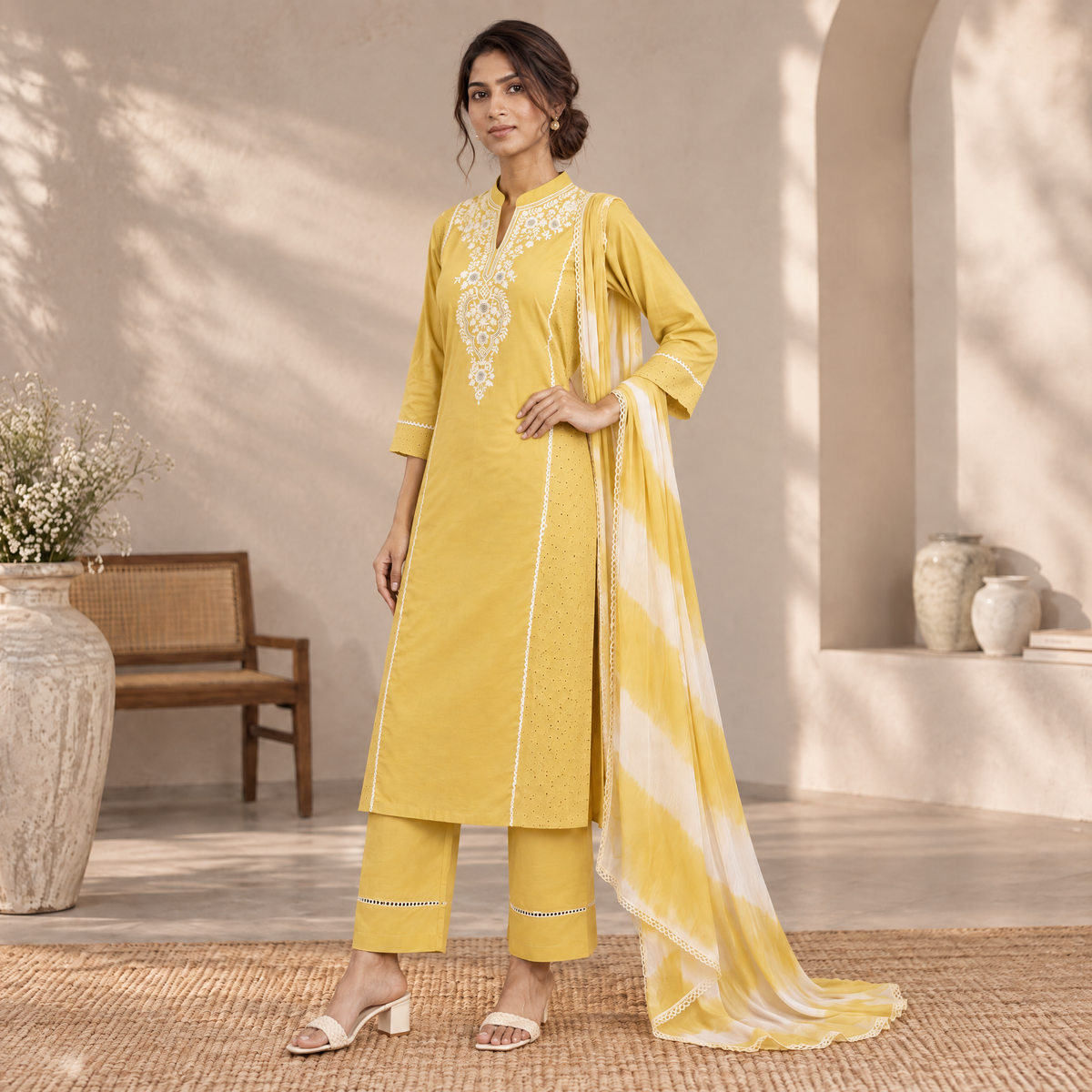 AVEEHA Women's Cotton Schiffli Kurta Pant Set with Dupatta, Yellow — product gallery image 7