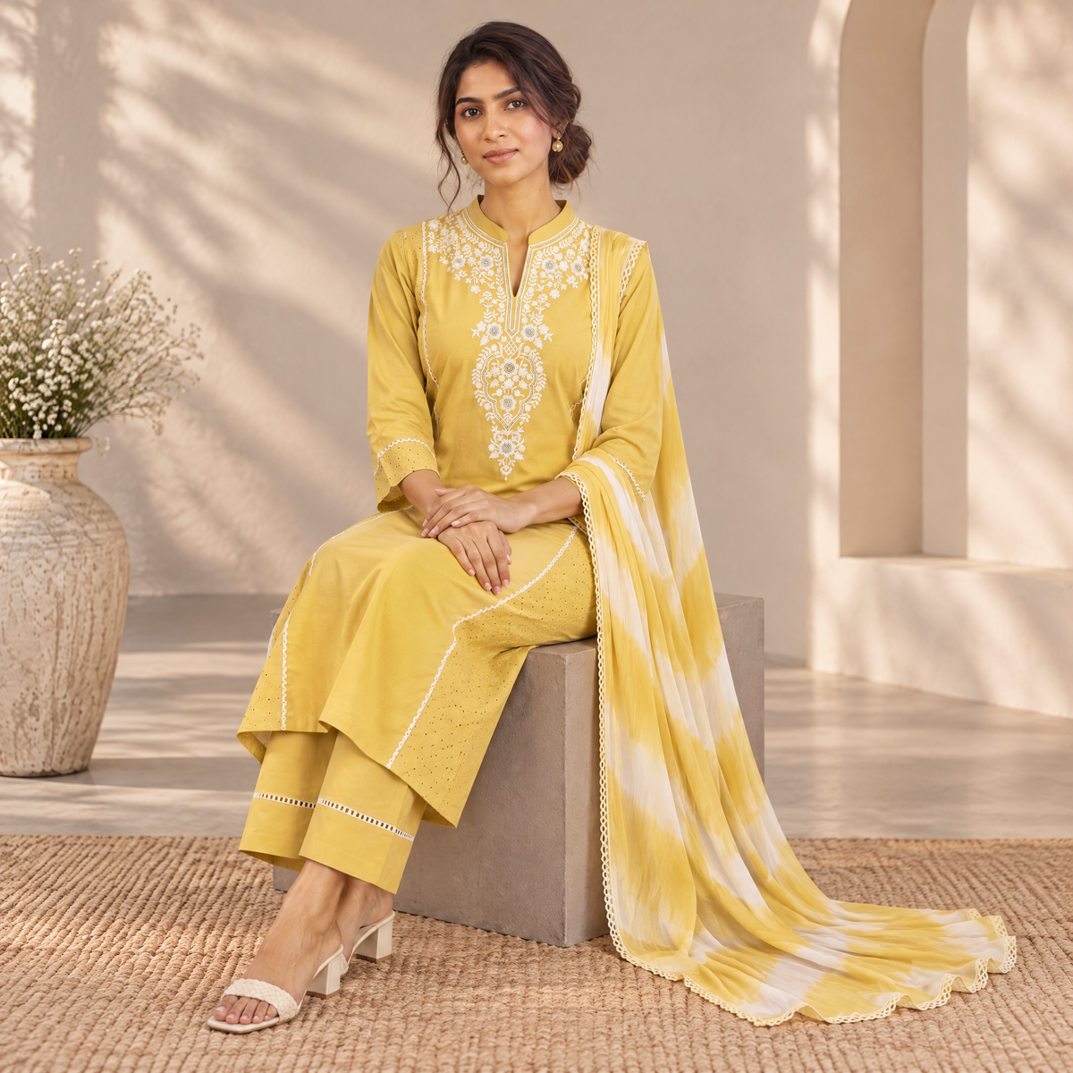 AVEEHA Women's Cotton Schiffli Kurta Pant Set with Dupatta, Yellow — product gallery image 8