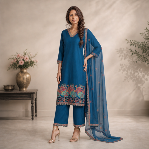 AVEEHA Women's Applique Digital Print Kurta Set with Dupatta, Blue — product gallery image 2