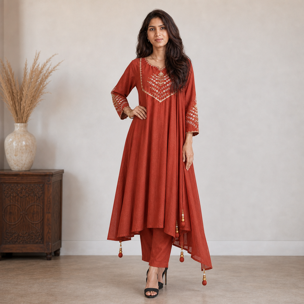 AVEEHA Women's Mul Chanderi Kurta Pant Set with Dupatta, Rust — product gallery image 2