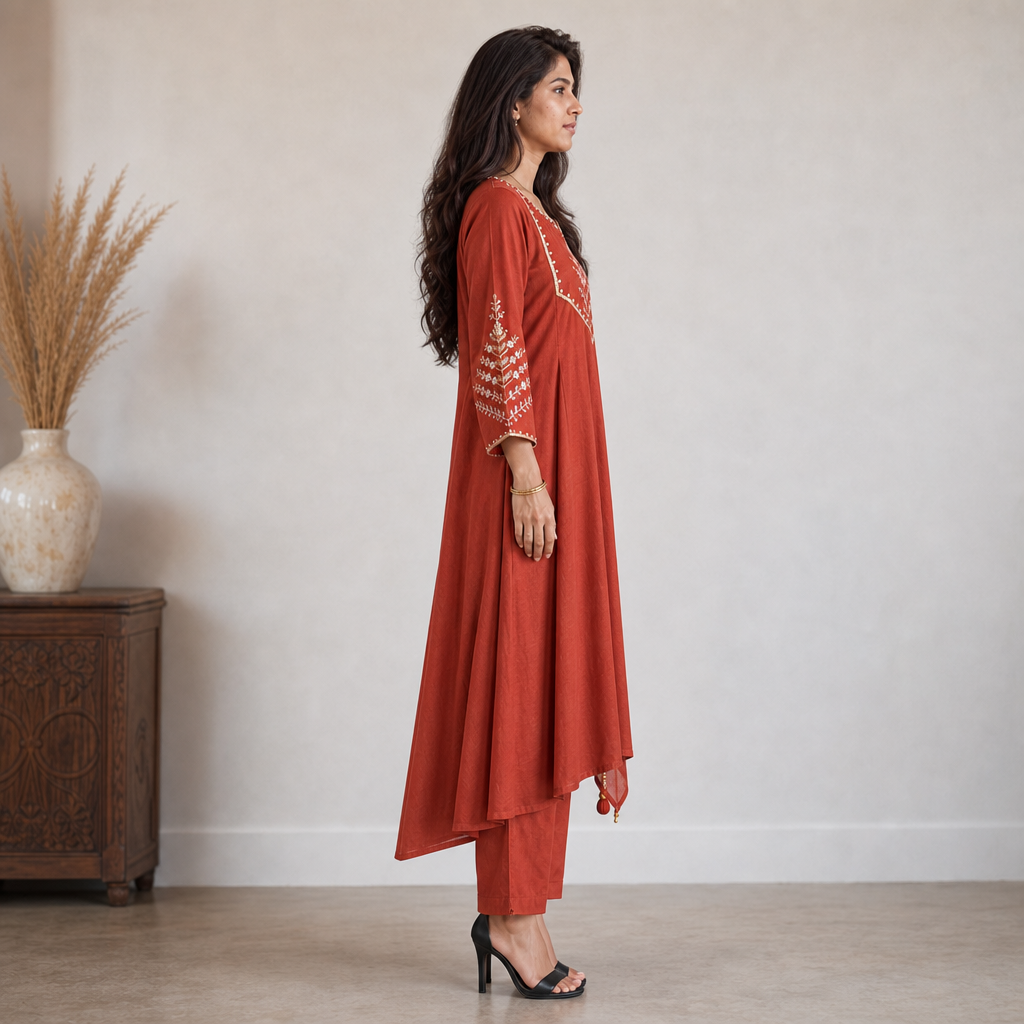 AVEEHA Women's Mul Chanderi Kurta Pant Set with Dupatta, Rust — product gallery image 3