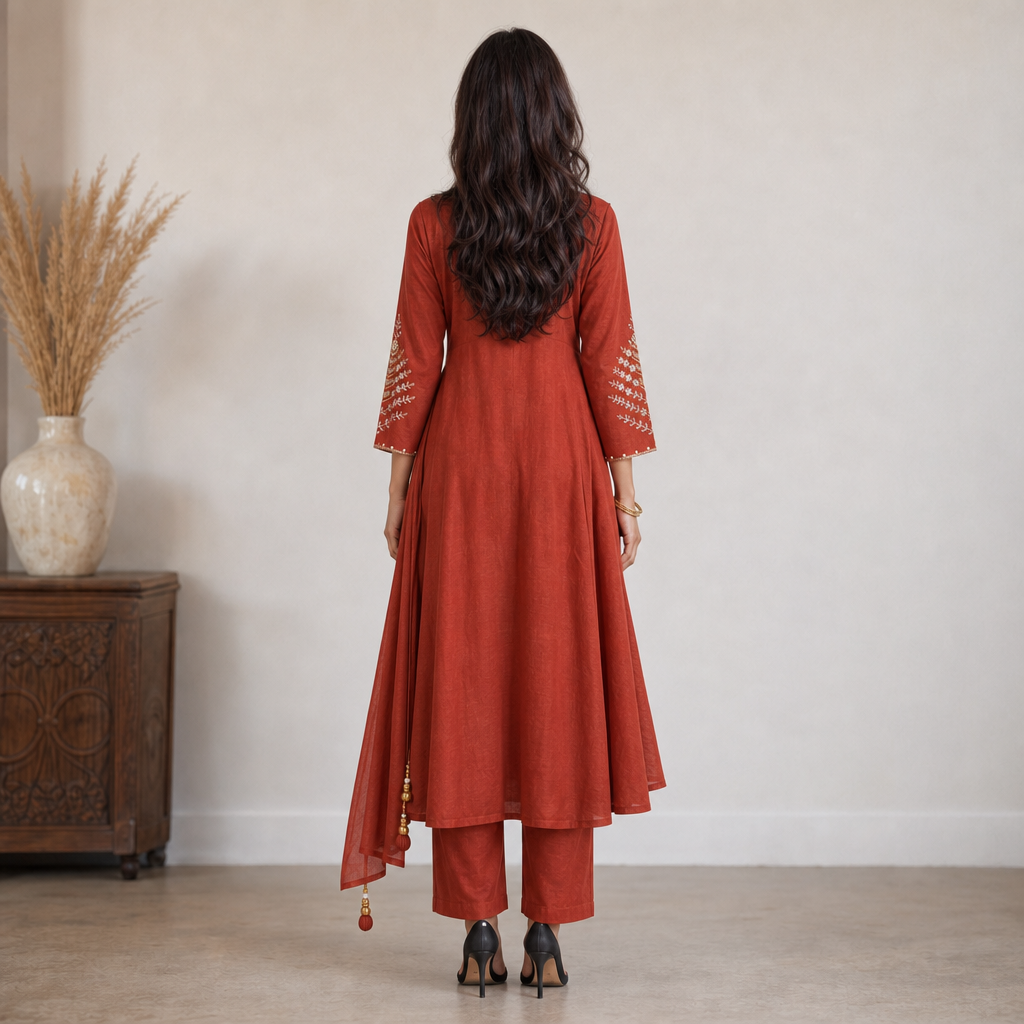 AVEEHA Women's Mul Chanderi Kurta Pant Set with Dupatta, Rust — product gallery image 4