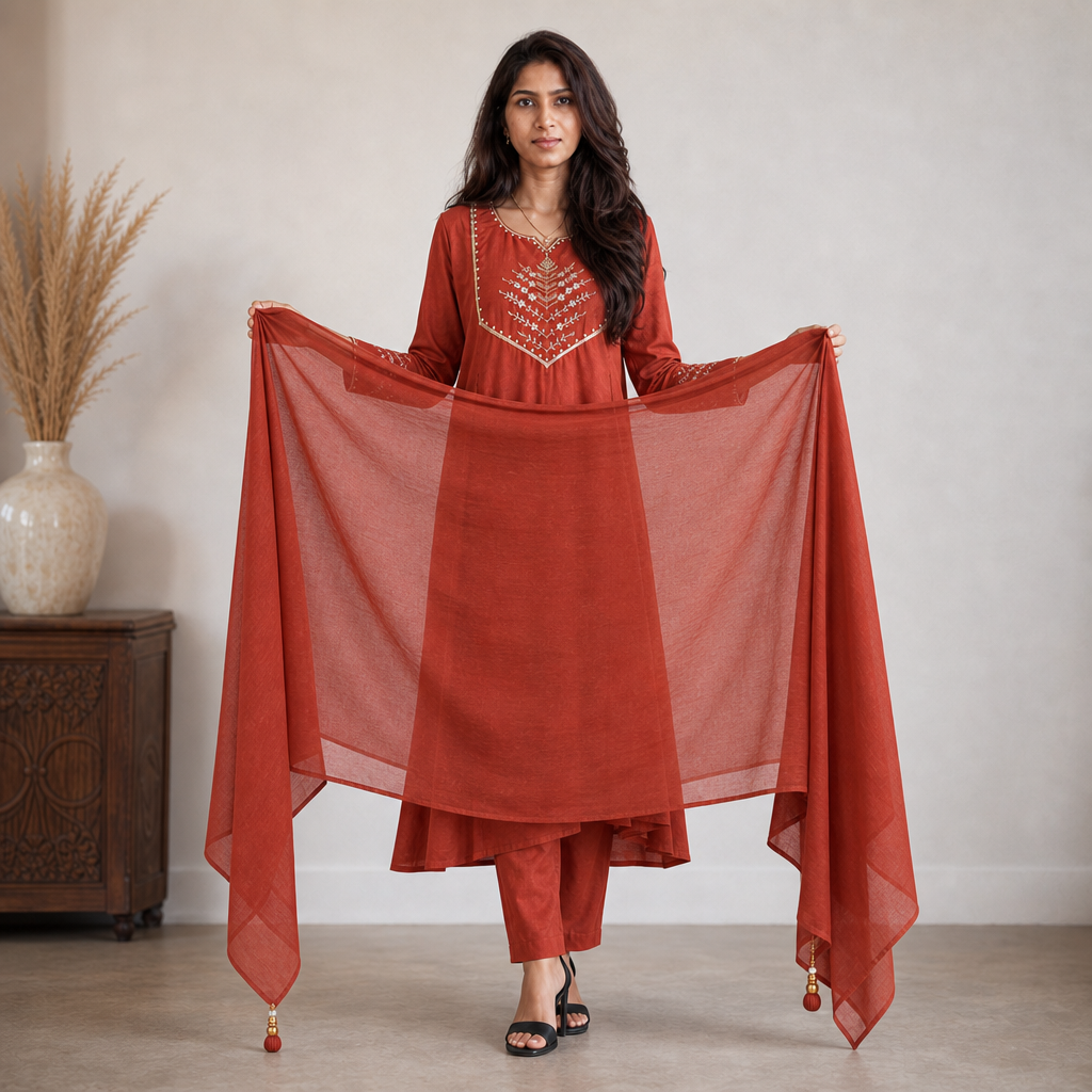 AVEEHA Women's Mul Chanderi Kurta Pant Set with Dupatta, Rust — product gallery image 5