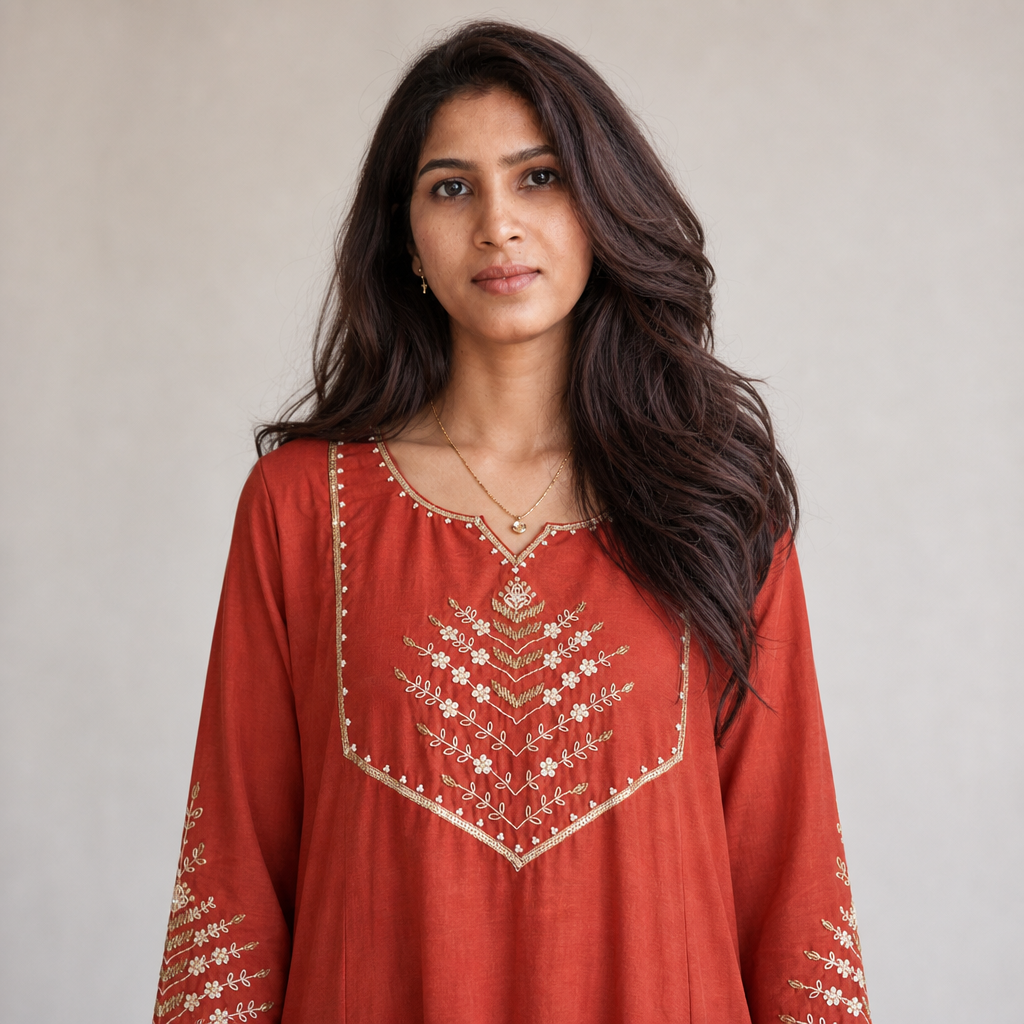 AVEEHA Women's Mul Chanderi Kurta Pant Set with Dupatta, Rust — product gallery image 6