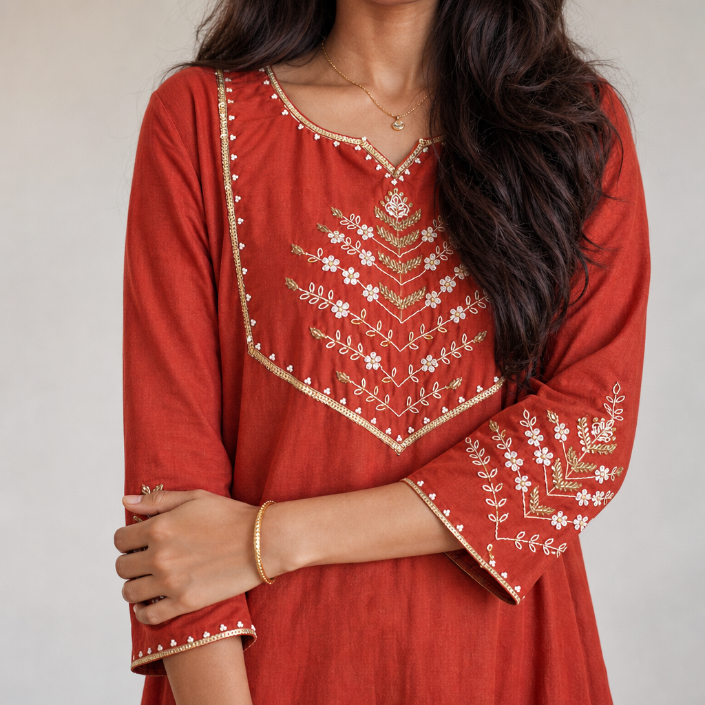 AVEEHA Women's Mul Chanderi Kurta Pant Set with Dupatta, Rust — product gallery image 7