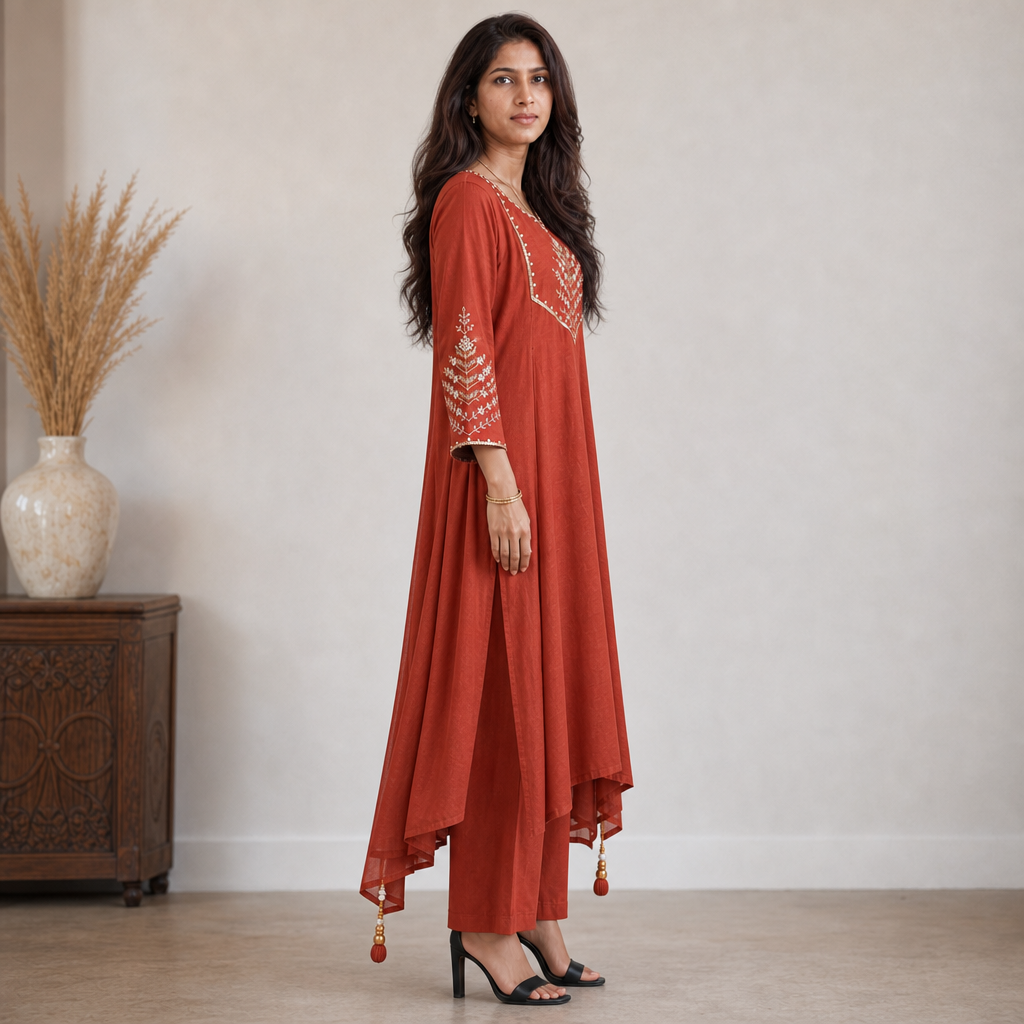 AVEEHA Women's Mul Chanderi Kurta Pant Set with Dupatta, Rust — product gallery image 8
