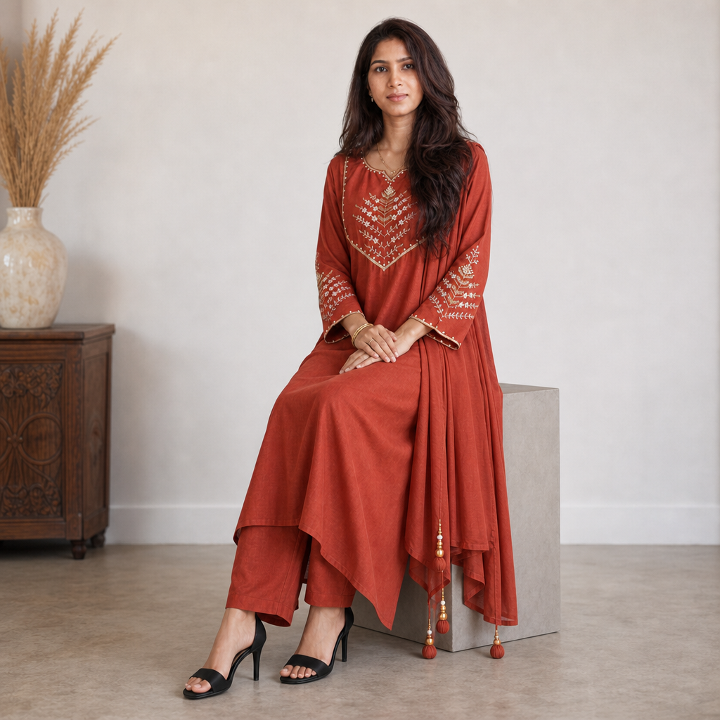 AVEEHA Women's Mul Chanderi Kurta Pant Set with Dupatta, Rust — product gallery image 9
