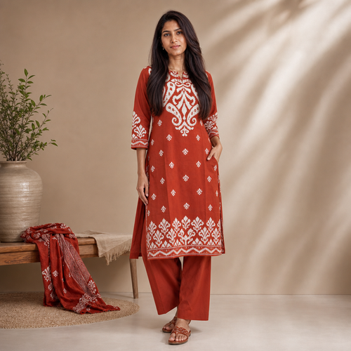 AVEEHA Women's Cambric Cotton Printed Kurta Set with Dupatta, Rust — product gallery image 2