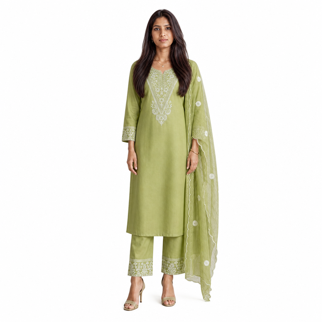 AVEEHA Women's Cotton Blend Kurta Pant Set with Organza Dupatta - front view
