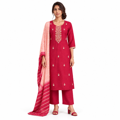 AVEEHA Women's Chinnon Bead Work Kurta Pant Set with Dupatta, Red - front view