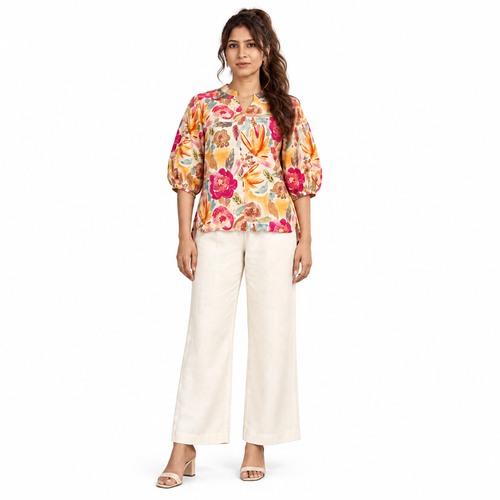 AVEEHA Women's Chanderi Floral Print Top and Pant Co-Ord Set - front view