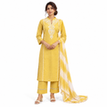 AVEEHA Women's Cotton Schiffli Kurta Pant Set with Dupatta, Yellow - front view
