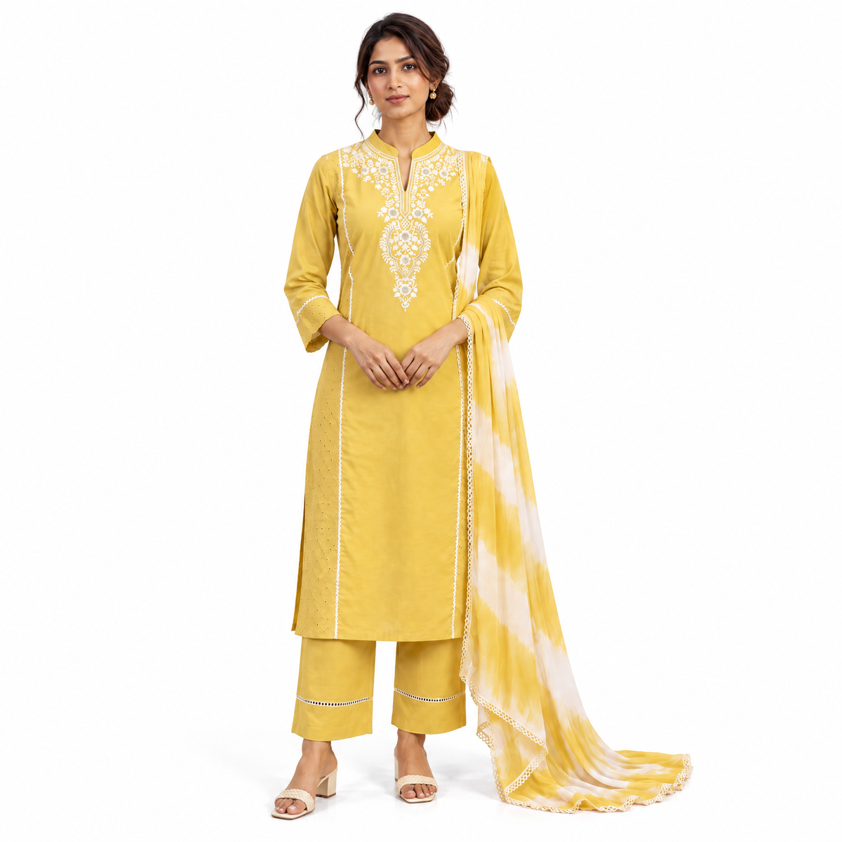 AVEEHA Women's Cotton Schiffli Kurta Pant Set with Dupatta, Yellow - front view